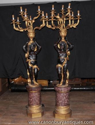 Pair XL Geschnitzte Italienisch Cheurb Candelabras Mohren Figuren Lampen Leuchten