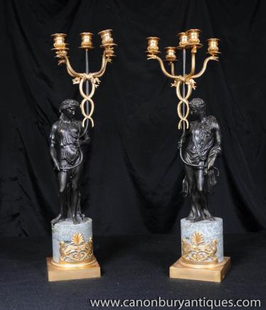 Paire Bronze Empire candélabres Homme Femme Bougies Figurines