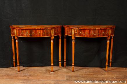 Paire Regency Adams Demi Lune Console tableaux peints Satinwood