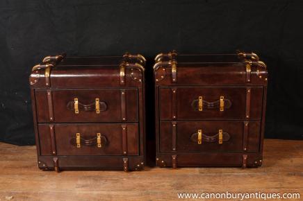 Paire anglais Cuir Torse Tiroirs bagages chevet Commodes Tables de chevet