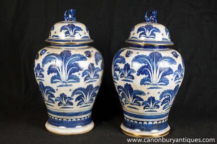Paire chinoise de Nankin Porcelaine Ginger Jars Poterie Bleu Blanc