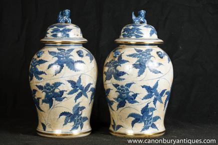 Paire chinses Temple Jars Bleu Blanc Nankin Porcelaine Ginger Vase