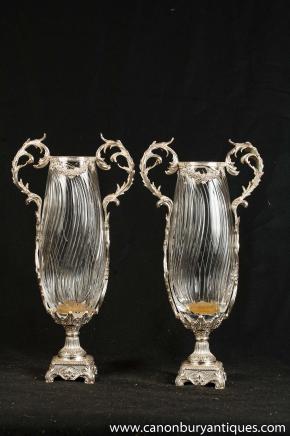 Paire victoriennes Sheffield argent plaque de verre Vases Urnes
