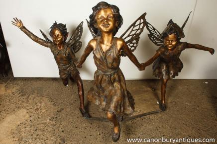 Trio XL Bronze Garden Fairies Fairy Fairey Fairys