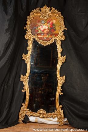 Victorian Rococo Pier Miroir peint floral Panel cadre dore