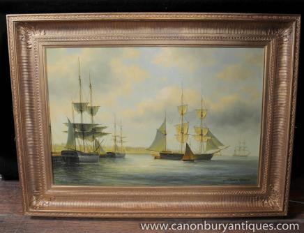 Victorian Ölgemälde Maritime Sea Scape Boote Gilt Frame Art Signed