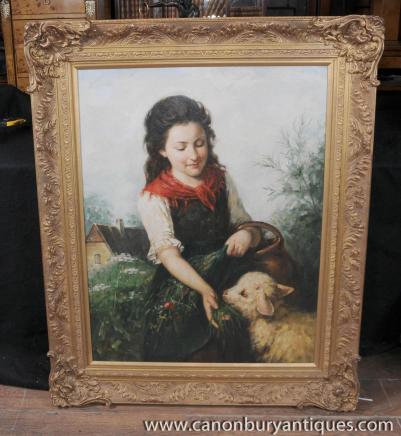 Victorian Ölgemälde Pastoral Potrait Mädchen-Schafe Gilt Frame