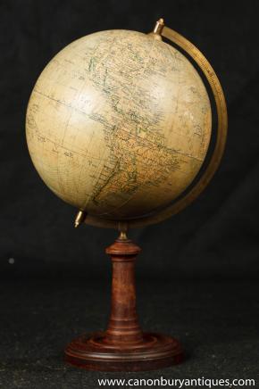 Antique Swedish World Globe Map on Wooden Stand 