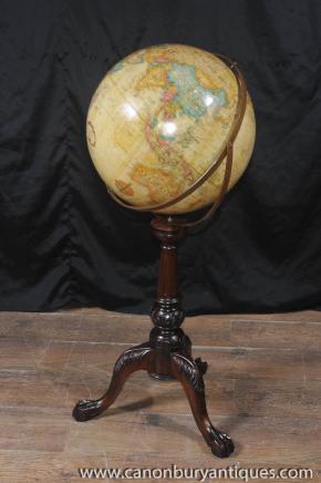 Antique World Globe on Mahogany Tripod Base Map 