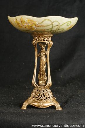 Art Nouveau Porcelain Dish Ormolu Maiden Comport Bowl Stand 