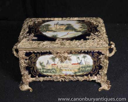 Blue Sevres Porcelain and Ormolu Jewellery Box Landscape Panels Blue Sevres Porcelain and Ormolu Jewellery Box Landscape Panels