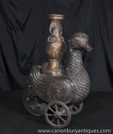 Bronze Chinese Duck Tang Duck Casting Statue Birds Candle Holder 