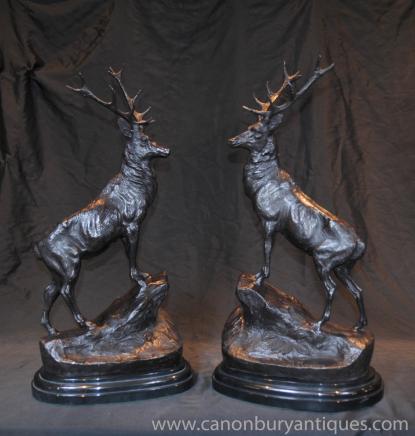 Bronze Stags Signed Moigniez Pair Stag Moose Elk Statues 