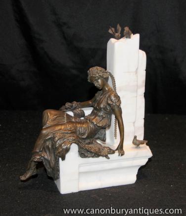 French Art Nouveau Marble Bronze Statue Maiden Figurine 