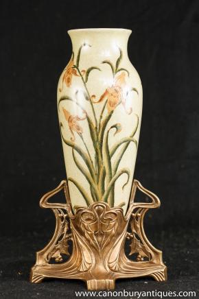 French Art Nouveau Porcelain Vase Ormolu Base Vases Pottery 