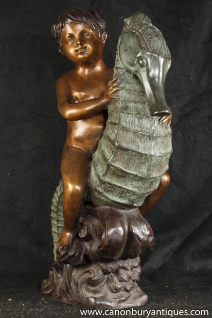 French Bronze Cherub Sea Horse Statue Pond Figurine Boy Casting 