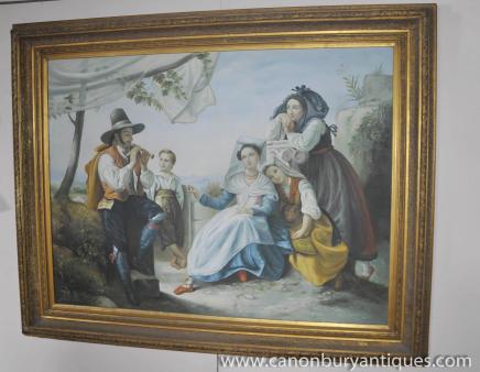 Italian Oil Painting Portrait Minstrel and Maidens Gilt Frame Art 