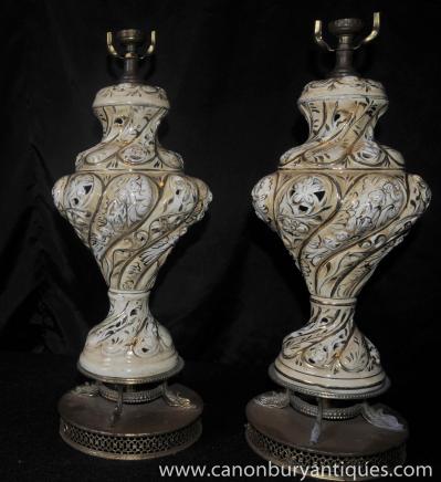 Pair Antique Art Nouveau Porcelain Table Lamps French Lights Pair Antique Art Nouveau Porcelain Table Lamps French Lights