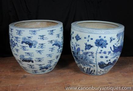 Pair Blue White Porcelain Planters Bowls Nanking Chinese Pottery Pair Blue White Porcelain Planters Bowls Nanking Chinese Pottery