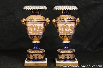 Pair Classical Dresden Porcelain Vases Urns German Pottery Pair Classical Dresden Porcelain Vases Urns German Pottery