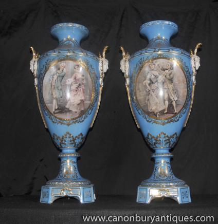 Pair Dresden Porcelain Vases Urns Classic German Panels 