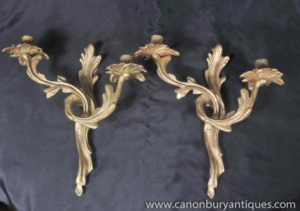 Pair French Art Nouveau Ormolu Sconces Lights Wall Appliques 