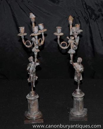 Pair French Empire Bronze Figurine Candelabras Candles 