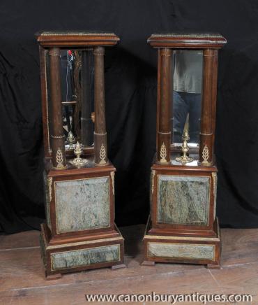 Pair French Empire Marble Pedestal Table Stands Mirrored Column 