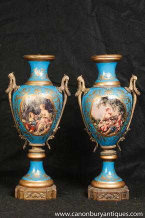 Pair French Sevres Porcelain Lamp Bases Urns Vase Lamps 