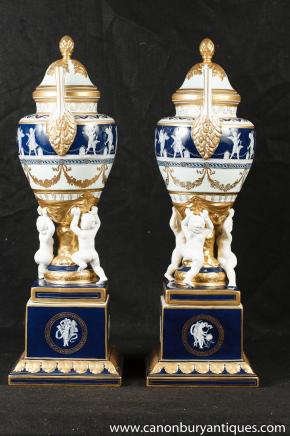 Pair German Dresden Porcelain Bisque Cherub Vases Urns 
