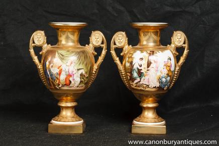 Pair German Dresden Porcelain Roman Toga Vases Urns Pair German Dresden Porcelain Roman Toga Vases Urns