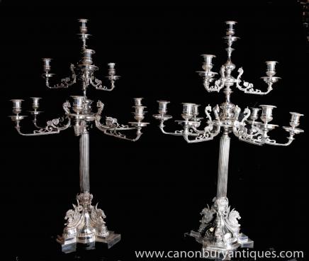 Pair Large Victorian Silver Plate Candelabras Column Candles 