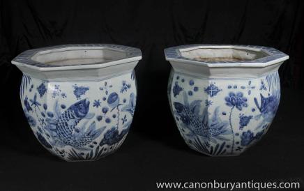 Pair Nanking Pottery Planters Bowls Chinese Blue White Porcelain Pair Nanking Pottery Planters Bowls Chinese Blue White Porcelain