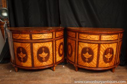 Pair Regency Inlay Satinwood Cabinets Demi Lune Chest 