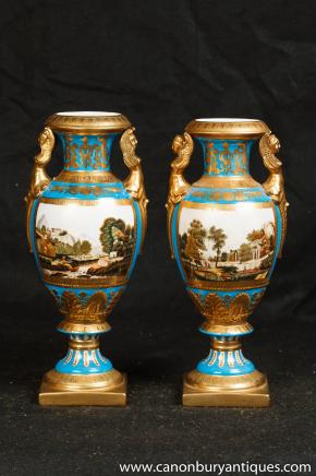 Pair Sevres Porcelain Amphora Urns Vases Winged Maiden 