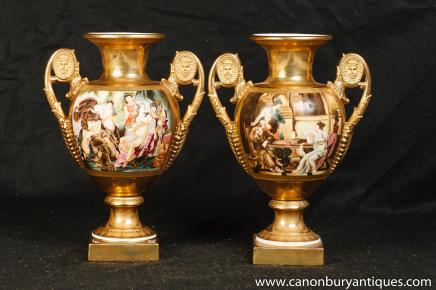 Pair Sevres Porcelain Roman Toga Vases Urns Gilt Pottery 