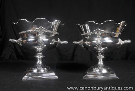 Pair Victorian Silver Plate Wine Coolers Urns Tankards Champagne Bucket 
