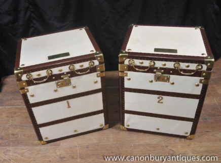 Pair White Leather English Luggage Boxes Trunks Cases Side Tables 