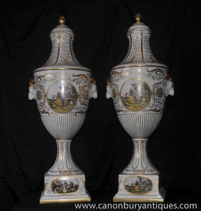 Pair XL German Dresden Porcelain Vases Urns Rams Head Pair XL German Dresden Porcelain Vases Urns Rams Head