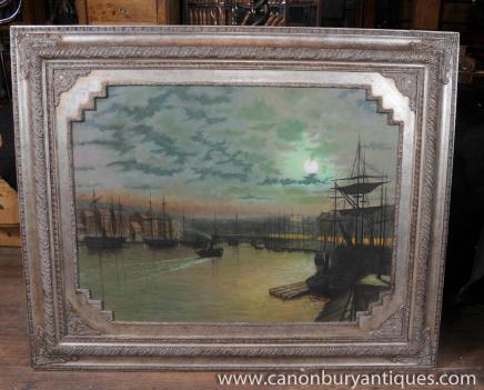 Victorian Oil Painting Maritime Sea Scape London Docks 