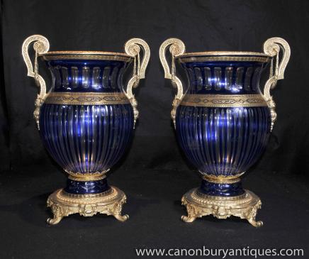 Pair French Empire Cut Glass Campana Urns Vases Ormolu Pair French Empire Cut Glass Campana Urns Vases Ormolu