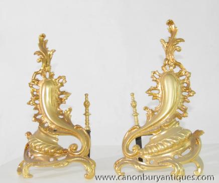 Pair French Rococo Gilt Andirons Louis XV 24 Carat Casting 