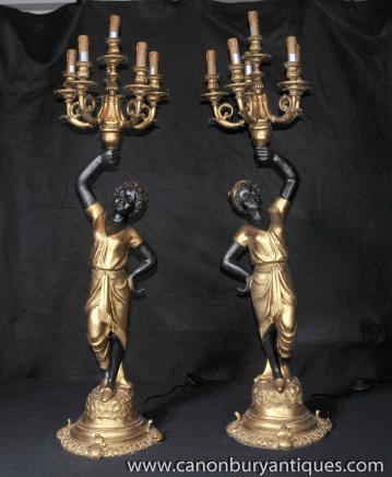 Pair Italian Blackamoor Candelabras Figurines Carved Statues Moors Pair Italian Blackamoor Candelabras Figurines Carved Statues Moors