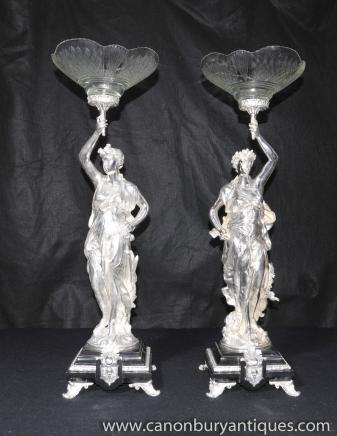 Pair Silver Plated Gregoire Figurines Comports Plate Statues Pair Silver Plated Gregoire Figurines Comports Plate Statues
