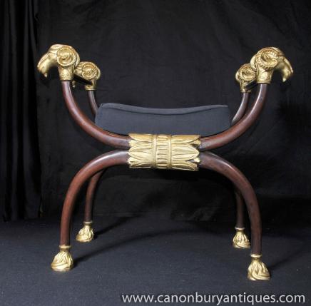 English Regency X Frame Stool Seat Rams Head English Regency X Frame Stool Seat Rams Head
