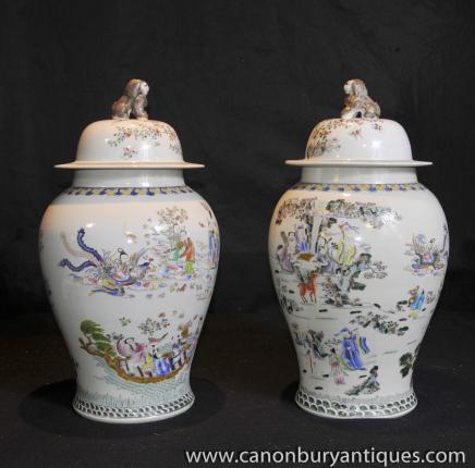Pair Chinese Wusai Shunzi Porcelain Ginger Jars Pottery Vases 