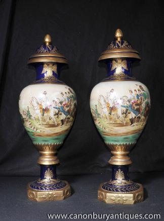 Pair Large Paris Sevres Napoleon Vases Urns French Porcelain 