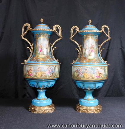Pair Sevres Porcelain Baluster Urns Vases Ormolu Fixtures 