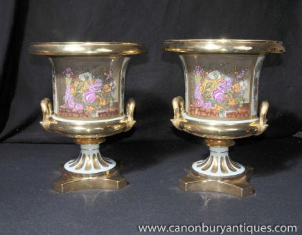 Pair Sevres Porcelain Floral Campana Urns Planters Vases Pair Sevres Porcelain Floral Campana Urns Planters Vases