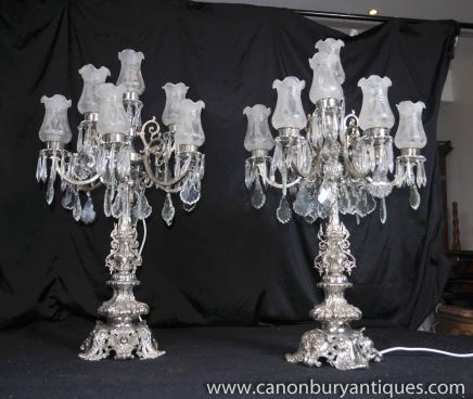 Pair Silver Plate Empire Tables Lamps Lights Candelabras 
